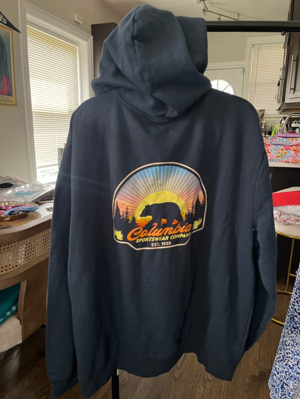 Columbia Navy Hoodie with Sunset Bear Graphic